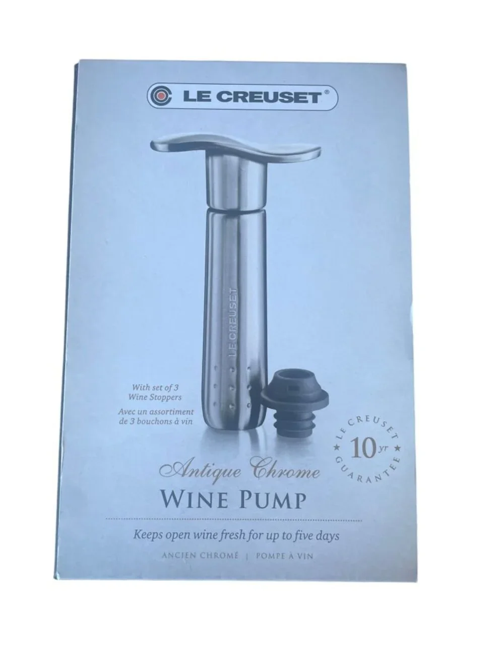 Le Creuset Metal Wine Pump and 3 Stoppers Silver Wedding Gift